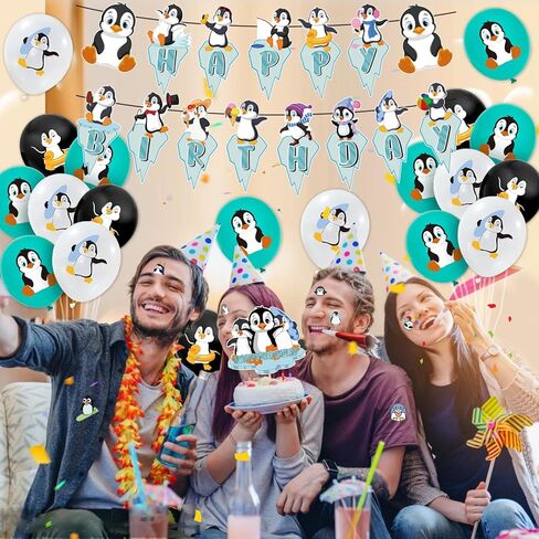 94Pcs Penguin Party Decorations, Penguin Birthday Party Decorations Include Birthday Banner, Cake Topper, Cupcake Toppers and Colorful Penguin Balloons and Stickers, Penguin Decorations for Party in Kuwait