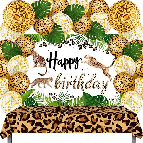 35 Pieces Cheetah Happy Birthday Decorations Leopard Print Backdrop Birthday Leopard Print Plastic Tablecloth Gold Leopard Balloons Foil Balloon Palm Leaves for Jungle Animal Cheetah Supplies in Saudi Arabia