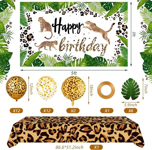 35 Pieces Cheetah Happy Birthday Decorations Leopard Print Backdrop Birthday Leopard Print Plastic Tablecloth Gold Leopard Balloons Foil Balloon Palm Leaves for Jungle Animal Cheetah Supplies in Saudi Arabia