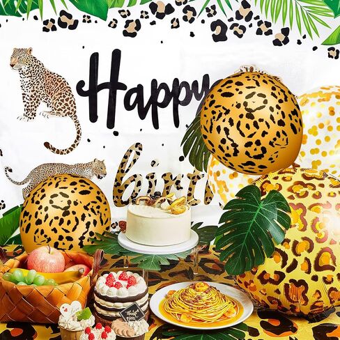 35 Pieces Cheetah Happy Birthday Decorations Leopard Print Backdrop Birthday Leopard Print Plastic Tablecloth Gold Leopard Balloons Foil Balloon Palm Leaves for Jungle Animal Cheetah Supplies in Saudi Arabia