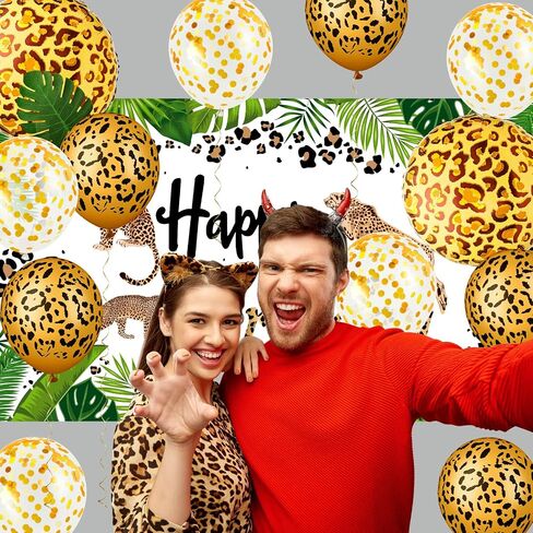 35 Pieces Cheetah Happy Birthday Decorations Leopard Print Backdrop Birthday Leopard Print Plastic Tablecloth Gold Leopard Balloons Foil Balloon Palm Leaves for Jungle Animal Cheetah Supplies in Saudi Arabia