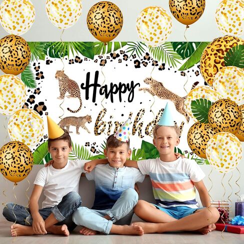 35 Pieces Cheetah Happy Birthday Decorations Leopard Print Backdrop Birthday Leopard Print Plastic Tablecloth Gold Leopard Balloons Foil Balloon Palm Leaves for Jungle Animal Cheetah Supplies in Saudi Arabia