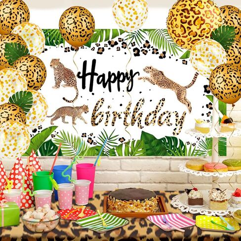 35 Pieces Cheetah Happy Birthday Decorations Leopard Print Backdrop Birthday Leopard Print Plastic Tablecloth Gold Leopard Balloons Foil Balloon Palm Leaves for Jungle Animal Cheetah Supplies in Saudi Arabia