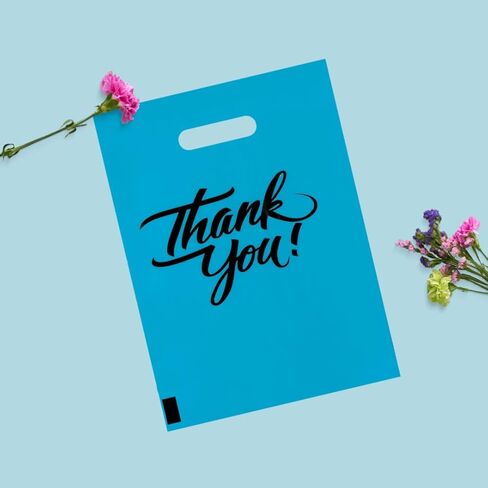 InfinitePack 100 Pieces Black Thank You Merchandise Bags 12x15, Die Cut Handles, Retail Shopping Bags for Boutique, Goodie Bags, Gift Bags Bulk, Favors, 2.35 Mil Reusable Plastic Bags in Kuwait