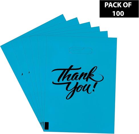 InfinitePack 100 Pieces Black Thank You Merchandise Bags 12x15, Die Cut Handles, Retail Shopping Bags for Boutique, Goodie Bags, Gift Bags Bulk, Favors, 2.35 Mil Reusable Plastic Bags in Kuwait