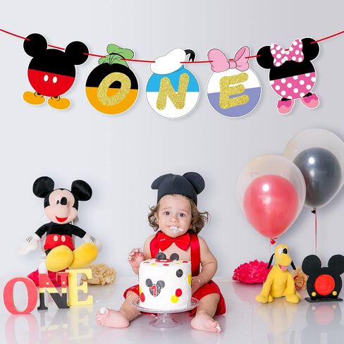Cartoon Mouse First Birthday Banner Gold Glitter 'ONE' Banner for Baby Girl&Boy - Baby One Birthday Banner Party Supplies Photoshoot Props Mini Mouse One Birthday Party Decorations Banner. in Saudi Arabia
