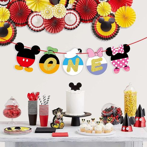 Cartoon Mouse First Birthday Banner Gold Glitter 'ONE' Banner for Baby Girl&Boy - Baby One Birthday Banner Party Supplies Photoshoot Props Mini Mouse One Birthday Party Decorations Banner. in Saudi Arabia