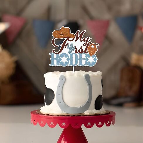 NANAGALI My First Rodeo Cake Topper, Cowboy 1st Birthday Cake Topper Decorations,Western Kids Theme 1 Year Old Birthday Party Cake Decorations Blue|Brown Glitter in Kuwait