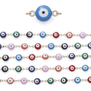 COIRIS 3.28 Feet Mixcolor Evil Eye Link Chains 1 Meter Handmade Gold Plated Beaded Brass Chains for Choker Necklace Bracelet Earrings Eyeglass Chain Jewelry Making(PN-1044-Mix-8)