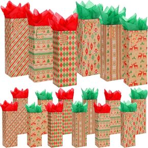 Qilery 60 Pieces Christmas Wine Bottle Gift Bags with Handle Christmas Kraft Wine Gift Bags Holiday Bottle Bags with Tissue Paper and Name Tags Kraft Wine Bags for Xmas Party Favors Supplies in Saudi Arabia