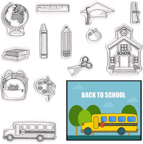 طوابع ALIBBON Back to School الشفافة لصنع البطاقات وتزيين ألبوم الصور، طوابع حافلة مدرسية للحقيبة المدرسية، قلم مسطرة قلم تلوين طوابع سيليكون شفافة للصياغة وسجلات القصاصات بنفسك in Saudi Arabia