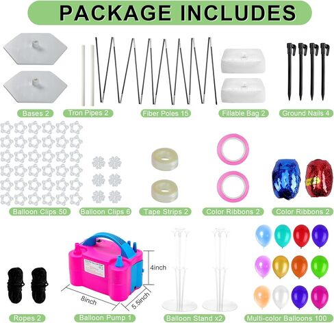 طقم قوس بالون مع مضخة بالون، طقم قوس بالون قابل للتعديل بعرض 10 أقدام، قواعد قابلة للتعبئة بالماء * 2، حامل بالون * 2، بالونات * 100، ديكور لوازم حفلات التخرج وأعياد الميلاد (طقم قوس بطول 10 أقدام) in Kuwait