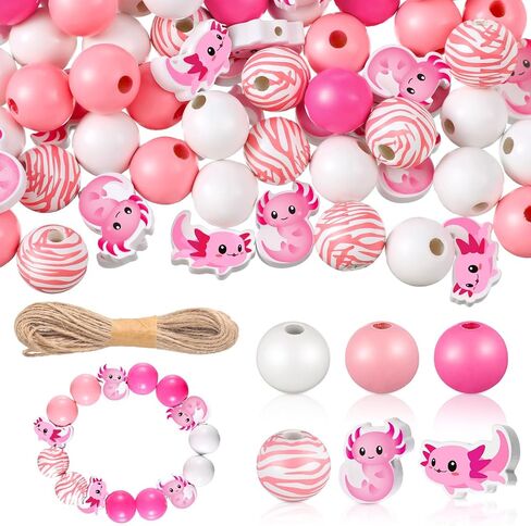 Liliful 240 Pcs Pink Wooden Beads for Crafts Axolotl Wood Beads with Holes Round Polished Spacer Colored Beads DIY Ocean Beads Smooth Home Decor Beading Supplies for Jewelry Making Garland Party in Saudi Arabia