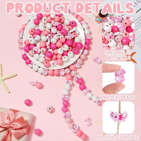Liliful 240 Pcs Pink Wooden Beads for Crafts Axolotl Wood Beads with Holes Round Polished Spacer Colored Beads DIY Ocean Beads Smooth Home Decor Beading Supplies for Jewelry Making Garland Party in Saudi Arabia