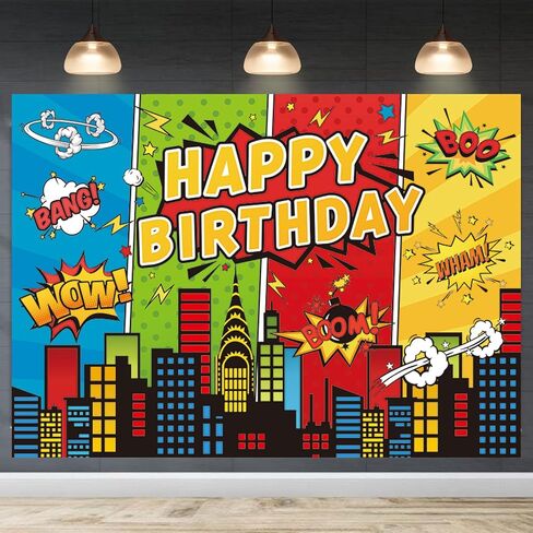 5x3ft خارقة موضوع خلفية للأطفال الأولاد سوبر أبطال هزلية أفق عيد ميلاد سعيد الطرف لوازم الديكور استحمام الطفل خلفية بطل مدينة راية ديكور التصوير خلفية in Kuwait