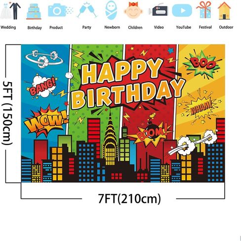 5x3ft خارقة موضوع خلفية للأطفال الأولاد سوبر أبطال هزلية أفق عيد ميلاد سعيد الطرف لوازم الديكور استحمام الطفل خلفية بطل مدينة راية ديكور التصوير خلفية in Kuwait