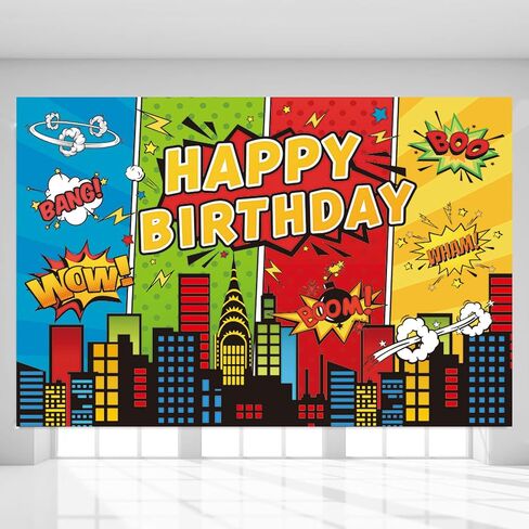 5x3ft خارقة موضوع خلفية للأطفال الأولاد سوبر أبطال هزلية أفق عيد ميلاد سعيد الطرف لوازم الديكور استحمام الطفل خلفية بطل مدينة راية ديكور التصوير خلفية in Kuwait