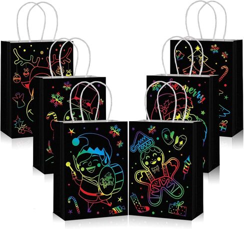 24 Pieces Christmas Glow in The Dark Gift Bags 6 Different Design Xmas Party Favor Bags Black Christmas Gift Paper Bags with Handles Xmas Goodie Bags for Treats Kids Birthday Supplies Decor in Saudi Arabia