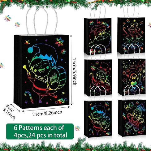 24 Pieces Christmas Glow in The Dark Gift Bags 6 Different Design Xmas Party Favor Bags Black Christmas Gift Paper Bags with Handles Xmas Goodie Bags for Treats Kids Birthday Supplies Decor in Saudi Arabia