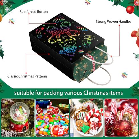 24 Pieces Christmas Glow in The Dark Gift Bags 6 Different Design Xmas Party Favor Bags Black Christmas Gift Paper Bags with Handles Xmas Goodie Bags for Treats Kids Birthday Supplies Decor in Saudi Arabia