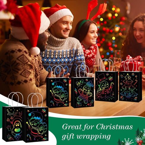 24 Pieces Christmas Glow in The Dark Gift Bags 6 Different Design Xmas Party Favor Bags Black Christmas Gift Paper Bags with Handles Xmas Goodie Bags for Treats Kids Birthday Supplies Decor in Saudi Arabia