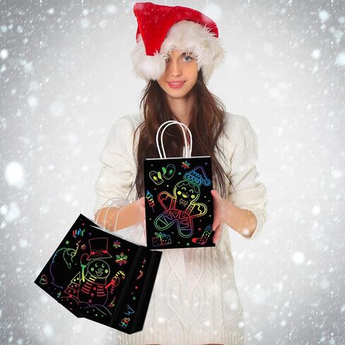 24 Pieces Christmas Glow in The Dark Gift Bags 6 Different Design Xmas Party Favor Bags Black Christmas Gift Paper Bags with Handles Xmas Goodie Bags for Treats Kids Birthday Supplies Decor in Saudi Arabia
