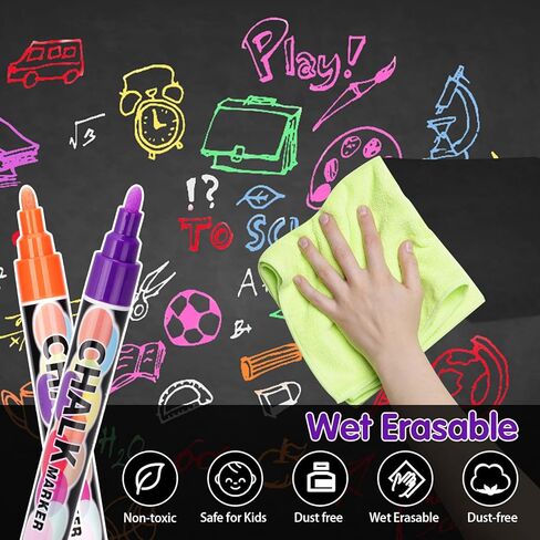علامات الطباشير TEVILIK - علامات السبورة للأطفال - أقلام مسح جافة قابلة للمسح، أقلام طباشير نيون جريئة وقابلة للغسل لعلامات السبورات المدرسية، نافذة السيارة، الشركات - هدايا للأطفال - 6 مم 12 عبوة in Kuwait