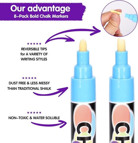 علامات الطباشير TEVILIK - علامات السبورة للأطفال - أقلام مسح جافة قابلة للمسح، أقلام طباشير نيون جريئة وقابلة للغسل لعلامات السبورات المدرسية، نافذة السيارة، الشركات - هدايا للأطفال - 6 مم 12 عبوة in Kuwait