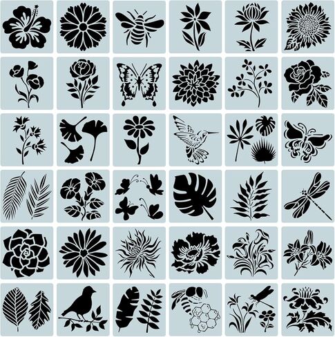 36 قطعة 5 بوصة عباد الشمس الطيور زهرة الاستنسلات للرسم على الخشب فروع قماش ورقة شجر الرسم الاستنسل قابلة لإعادة الاستخدام للديكور المنزلي والمشاريع الحرفية DIY in Kuwait