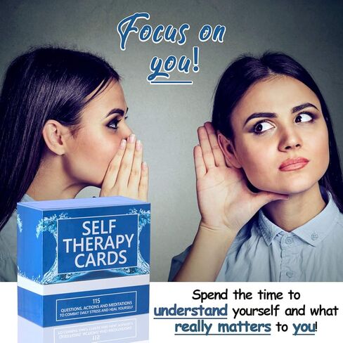 SELF THERAPY CARDS – Relaxing gift! Handy, easy to use anxiety relief cards! 115 Questions in a box, along with suggested actions and meditations. Self reflection cards, mindfulness tool in Kuwait