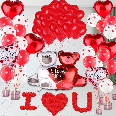 مجموعة بالونات عيد الحب، بالونات على شكل قلب حمراء، بالونات تيدي بير مع 1000 قطعة من بتلات الزهور الاصطناعية بتلات الحرير ، زينة حفلات الزفاف للعطلات الرومانسية ليلة عيد الحب in Kuwait