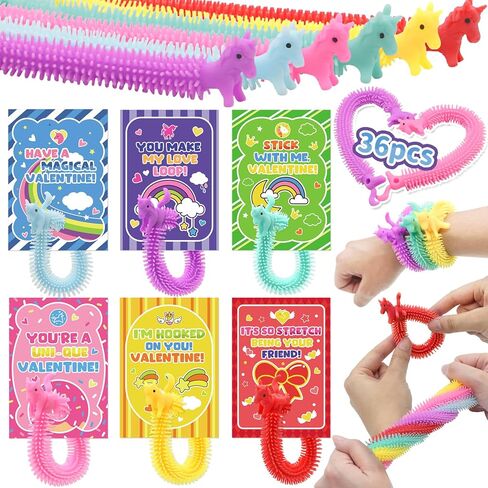 Valentines Day Gifts for Kids Classroom - 36 PACK Uni-corn Stretchy Strings Toys with with Unique Valentines Cards for Classroom Exchange Prize, Sensory Stress Toys Bulk for Valentine's Party Favors in Kuwait