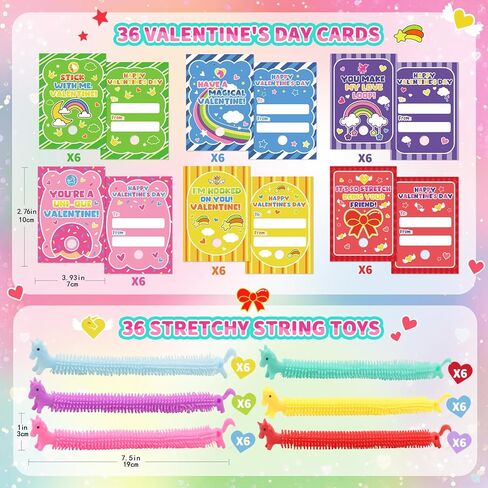 Valentines Day Gifts for Kids Classroom - 36 PACK Uni-corn Stretchy Strings Toys with with Unique Valentines Cards for Classroom Exchange Prize, Sensory Stress Toys Bulk for Valentine's Party Favors in Kuwait