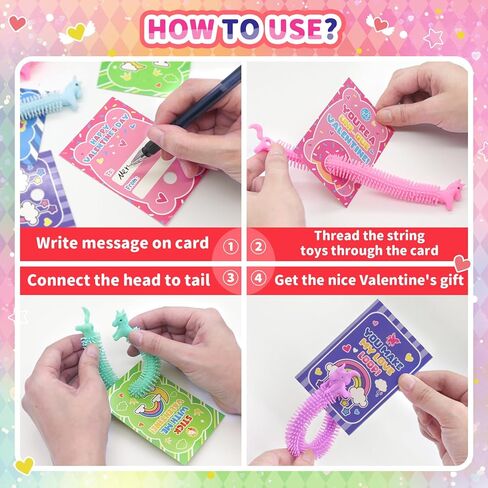 Valentines Day Gifts for Kids Classroom - 36 PACK Uni-corn Stretchy Strings Toys with with Unique Valentines Cards for Classroom Exchange Prize, Sensory Stress Toys Bulk for Valentine's Party Favors in Kuwait