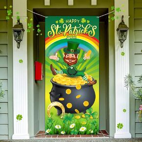 غطاء باب عيد القديس باتريك سعيد، نبات النفل الأخضر المحظوظ الربيع قوس قزح خلفية قبعة Leprechaun عملة ذهبية وعاء راية خلفية لمستلزمات تزيين حفلات الأعياد الأيرلندية in Saudi Arabia