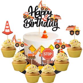 36 PCS Construction Cupcake Toppers Stop Sign Dump Truck Excavator Tractor Party Cake Food Picks Decorations for Construction Theme Baby Shower Kids Birthday Party Supplies