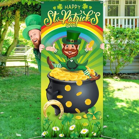 غطاء باب عيد القديس باتريك سعيد، نبات النفل الأخضر المحظوظ الربيع قوس قزح خلفية قبعة Leprechaun عملة ذهبية وعاء راية خلفية لمستلزمات تزيين حفلات الأعياد الأيرلندية in Saudi Arabia