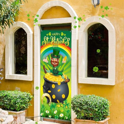 غطاء باب عيد القديس باتريك سعيد، نبات النفل الأخضر المحظوظ الربيع قوس قزح خلفية قبعة Leprechaun عملة ذهبية وعاء راية خلفية لمستلزمات تزيين حفلات الأعياد الأيرلندية in Saudi Arabia