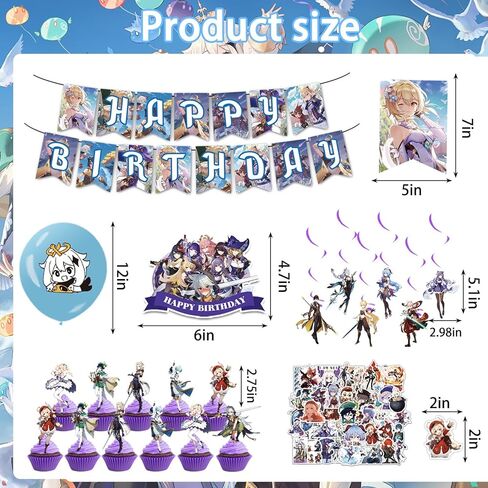 لوازم حفلات جينشين امباكت، 106 قطعة من ديكورات حفلات جينشين امباكت تتضمن لافتة عيد ميلاد وزينة كيك وزينة كب كيك ودوامة معلقة وبالون لاتكس وملصق in Kuwait