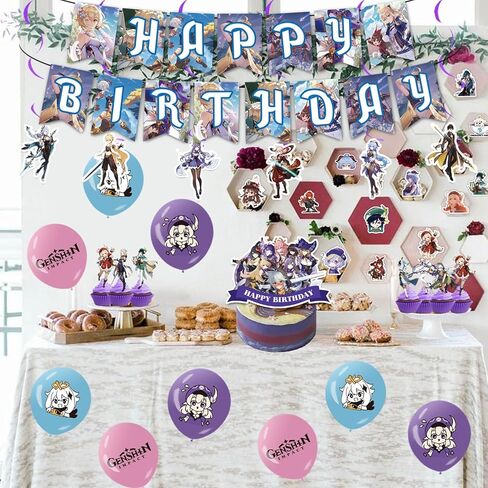 لوازم حفلات جينشين امباكت، 106 قطعة من ديكورات حفلات جينشين امباكت تتضمن لافتة عيد ميلاد وزينة كيك وزينة كب كيك ودوامة معلقة وبالون لاتكس وملصق in Kuwait