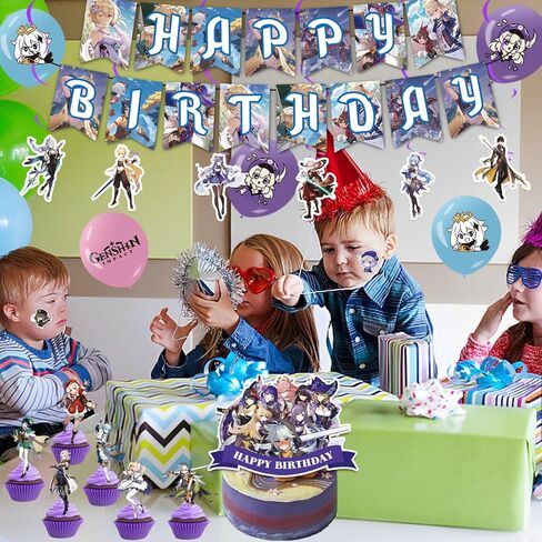 لوازم حفلات جينشين امباكت، 106 قطعة من ديكورات حفلات جينشين امباكت تتضمن لافتة عيد ميلاد وزينة كيك وزينة كب كيك ودوامة معلقة وبالون لاتكس وملصق in Kuwait