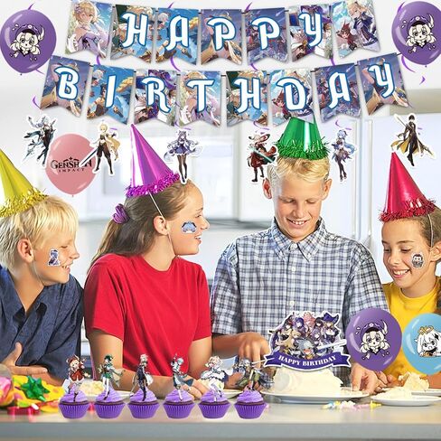 لوازم حفلات جينشين امباكت، 106 قطعة من ديكورات حفلات جينشين امباكت تتضمن لافتة عيد ميلاد وزينة كيك وزينة كب كيك ودوامة معلقة وبالون لاتكس وملصق in Kuwait