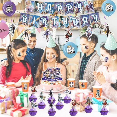 لوازم حفلات جينشين امباكت، 106 قطعة من ديكورات حفلات جينشين امباكت تتضمن لافتة عيد ميلاد وزينة كيك وزينة كب كيك ودوامة معلقة وبالون لاتكس وملصق in Kuwait