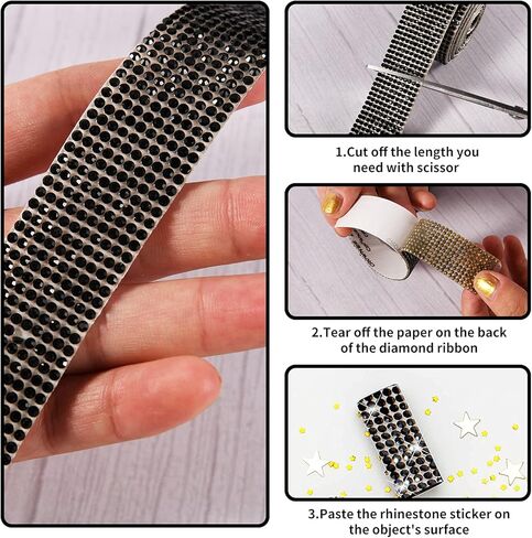 4 لفات من أشرطة ألماس كريستال حجر الراين ذاتية اللصق، شرائط ألماس DIY للحرف اليدوية، ملصقات زينة بشريط كريستالي من Bling AB مع حجر الراين 2 مم لفن كعكة الزفاف (AB) in Kuwait