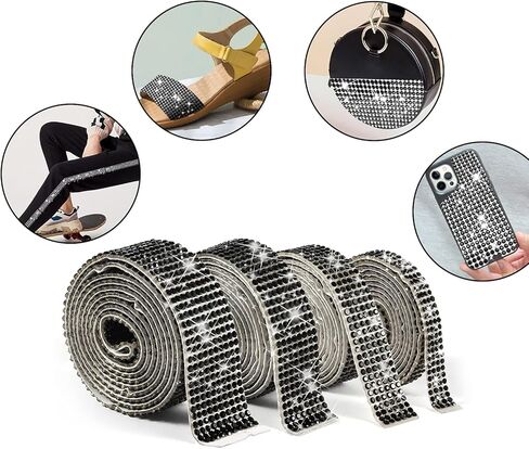4 لفات من أشرطة ألماس كريستال حجر الراين ذاتية اللصق، شرائط ألماس DIY للحرف اليدوية، ملصقات زينة بشريط كريستالي من Bling AB مع حجر الراين 2 مم لفن كعكة الزفاف (AB) in Kuwait