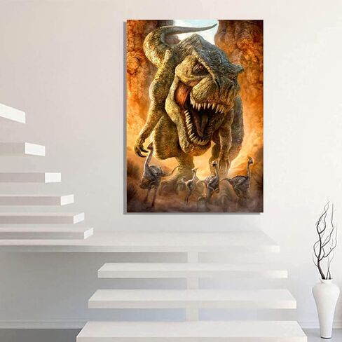 مجموعة لوحات ماسية خماسية الابعاد على شكل ديناصور بالارقام للبالغين - مجموعات فنية ماسية حفر كاملة مع احجار كريمة فنية مستديرة للبالغين والاطفال والمبتدئين، لديكور حائط المنزل مقاس 12×16 انش in Kuwait