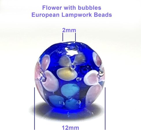 Artsy Crafts 24 جهاز كمبيوتر شخصى 12mm Lampwork زهرة الخرز الزجاجي، الخرز الزجاجي مورانو الأوروبي، الخرز الكريستال فضفاض اليدوية لصنع المجوهرات سحر سوار قلادة أقراط مسبحة (السماء الزرقاء) in Kuwait