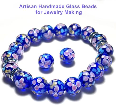 Artsy Crafts 24 جهاز كمبيوتر شخصى 12mm Lampwork زهرة الخرز الزجاجي، الخرز الزجاجي مورانو الأوروبي، الخرز الكريستال فضفاض اليدوية لصنع المجوهرات سحر سوار قلادة أقراط مسبحة (السماء الزرقاء) in Kuwait