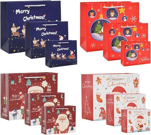 12 قطعة من LinQuick في 6 أنماط من أكياس هدايا عيد الميلاد كبيرة الحجم متوسطة الحجم، أكياس حلوى قابلة لإعادة الاستخدام بمقبض، حقائب عيد الميلاد غير المنسوجة لحفلات عيد الميلاد تفضل الحلوى in Kuwait