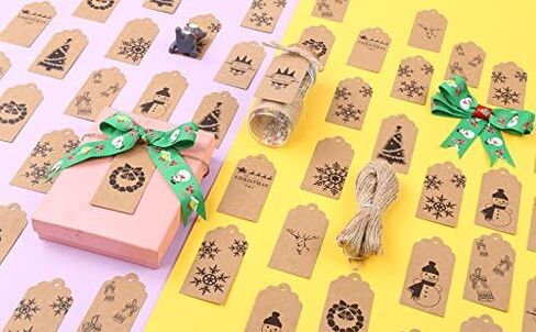 DECORA حزمة من 120 بطاقة هدايا عيد الميلاد البني ملصقات عيد الميلاد البني و 195 قدم توأم- 10 تصاميم مختلفة in Kuwait